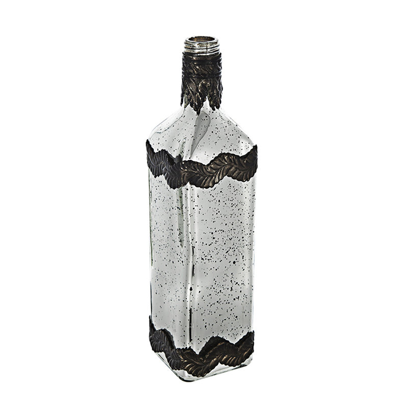 Silver Decorative Glass Bottle Vase With Bronze Leaf Accents