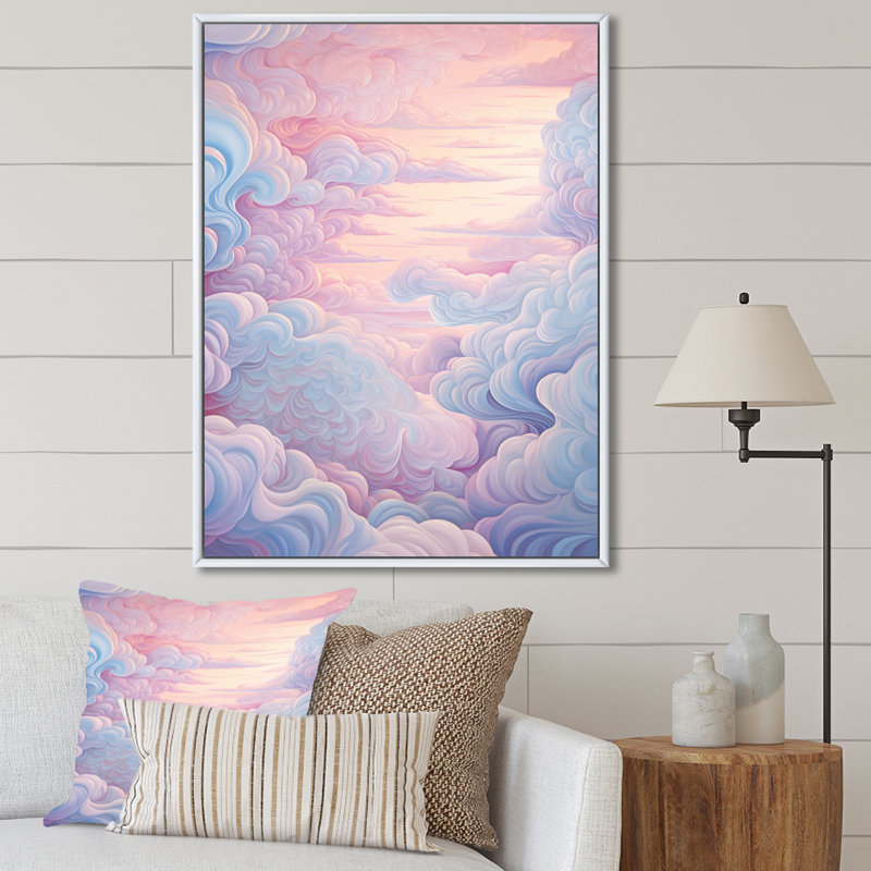 Paysage kawaii en rose doux sur toile, H 40 po x l 30 po x P 1,5 po, Cadre flottant blanc