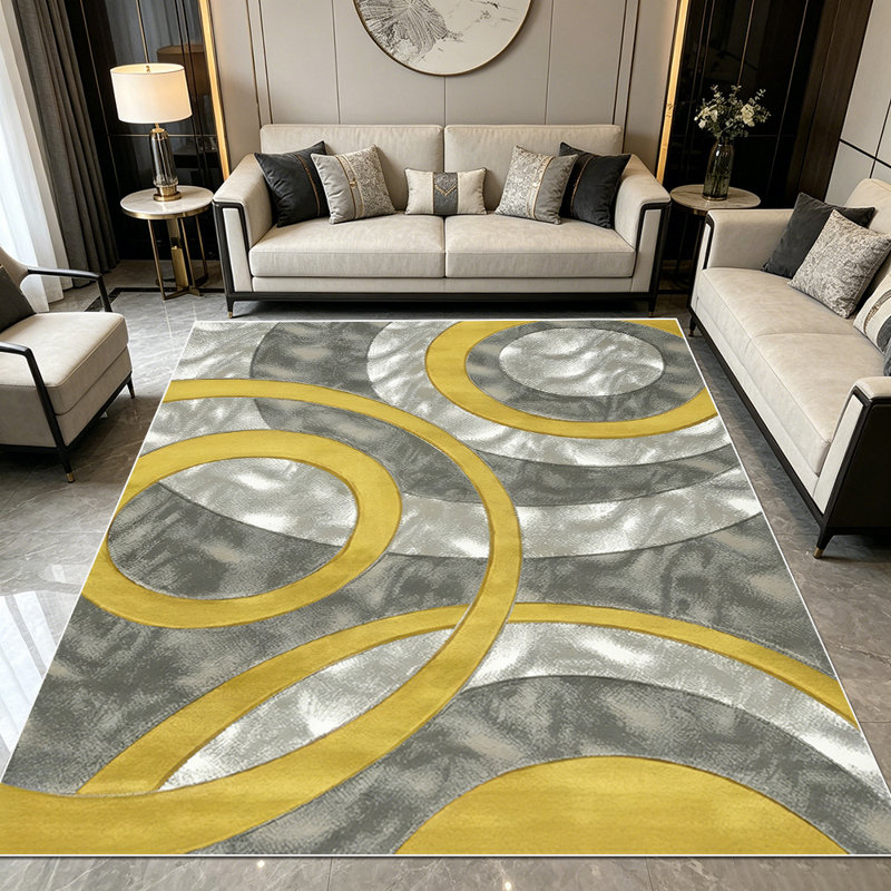 1PC Modern Overlapping Circle Geometric Gold Grey Silver Tone area rugs for Living Room, Soft and Comfortable, Suitable for all seasons, easy-to-maintain, machine washable Indoor floor mat, Under Table Farmhouse suitable for Dining Room, Bedroom,