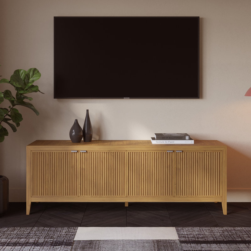 Meuble télé 70 po en bois massif avec portes en roseau Kendal, H 24 po x l 70 po x P 18 po
