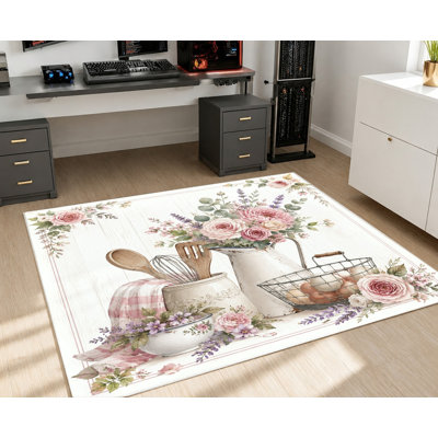 Tapis de cuisine à motif floral aquarelle, bouquet de roses roses, fouet et cuillère, antidérapant et lavable à la machine, décoration intérieure artistique pour salon, chambre, entrée, balcon