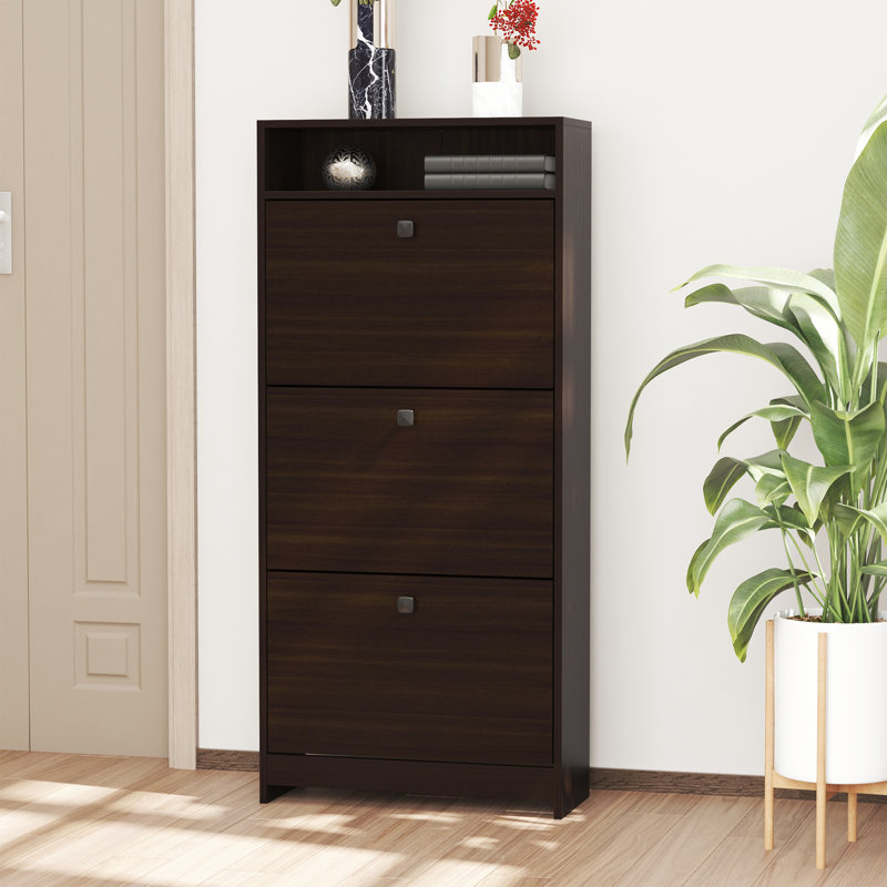Espresso Slim Shoe Cabinet with 3 Large Fold-Out Drawers & Spacious Top Surface