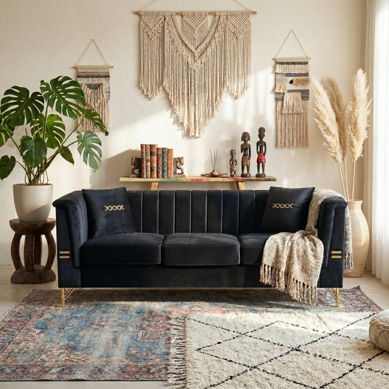Eugeniu 83.46'' Velvet Sofa, Black Velvet