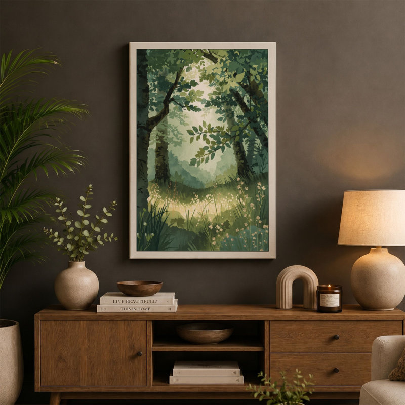 Forest Passage to Light Scandinavian 1 Piece Wrapped Canvas Wall Art, 30x20 - 76.2 x 50.8 cm, Teal Border