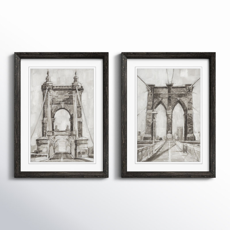 «Bridge Crossing I», ensemble de 2 reproductions d'art encadrées, H 24 po x l 18 po x P 1,25 po, Blanc, Cadre ébène