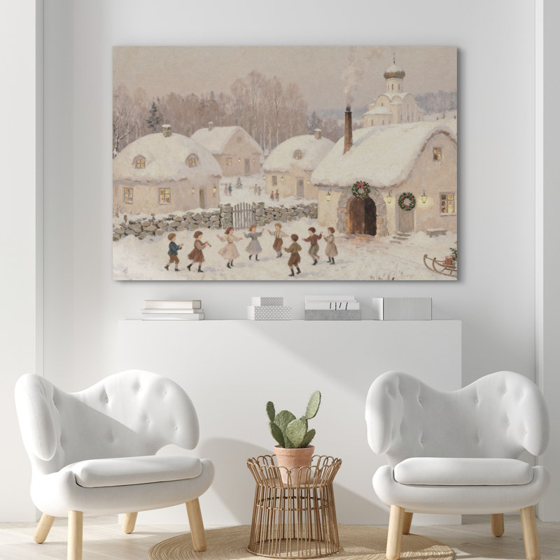 «Whimsical Snowy Village with Children Dancing Christmas Scene», reproduction d'art sur toile, impression sur toile