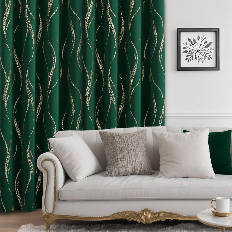 100% Blackout Thermal Insulated Curtains - Wave Line with Dots Gold Print, Grommet Top, 2 Panels, 52" W x 84" H, Dark Green