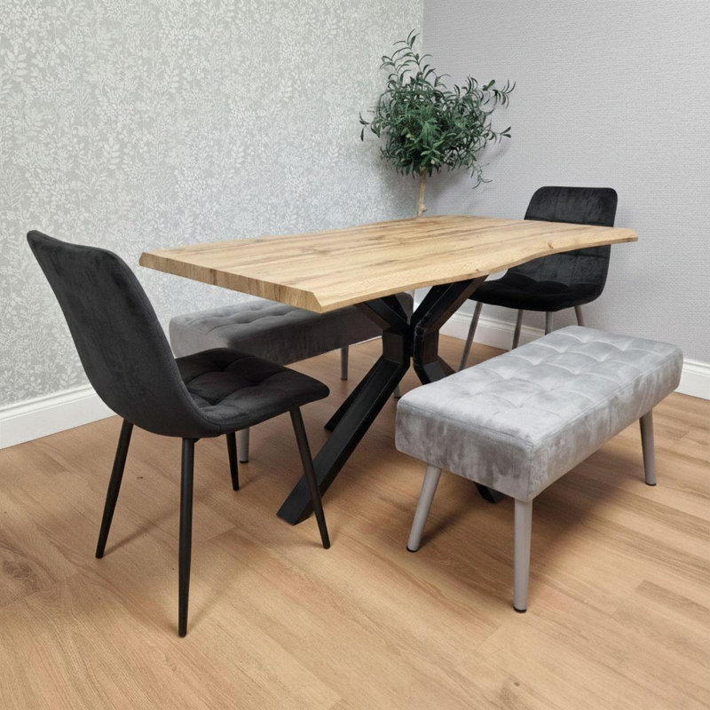 Wooden Brown Dining Table with 2 Velvet Chairs and 2 Grey Padded Benches, Dining Room Furniture, 75cm H x 140cm W x 80cm D