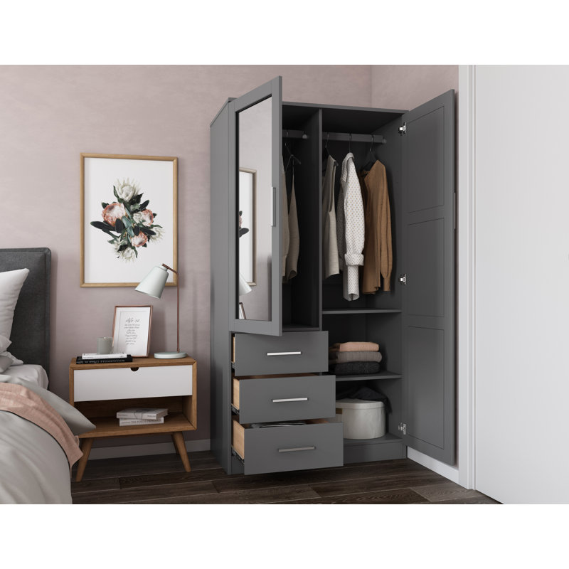 Placard à 2 portes 100% bois massif Metro avec porte miroir, tiroirs et tablettes réglables, Gris