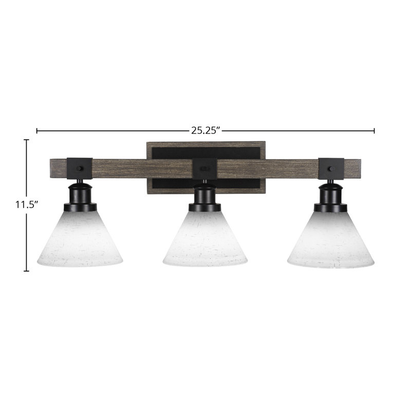 Barre d'éclairage de salle de bain 4 lumières Urrutia montrée en noir mat et en métal peint d'aspect bois vieilli avec verre glacé de 7 po