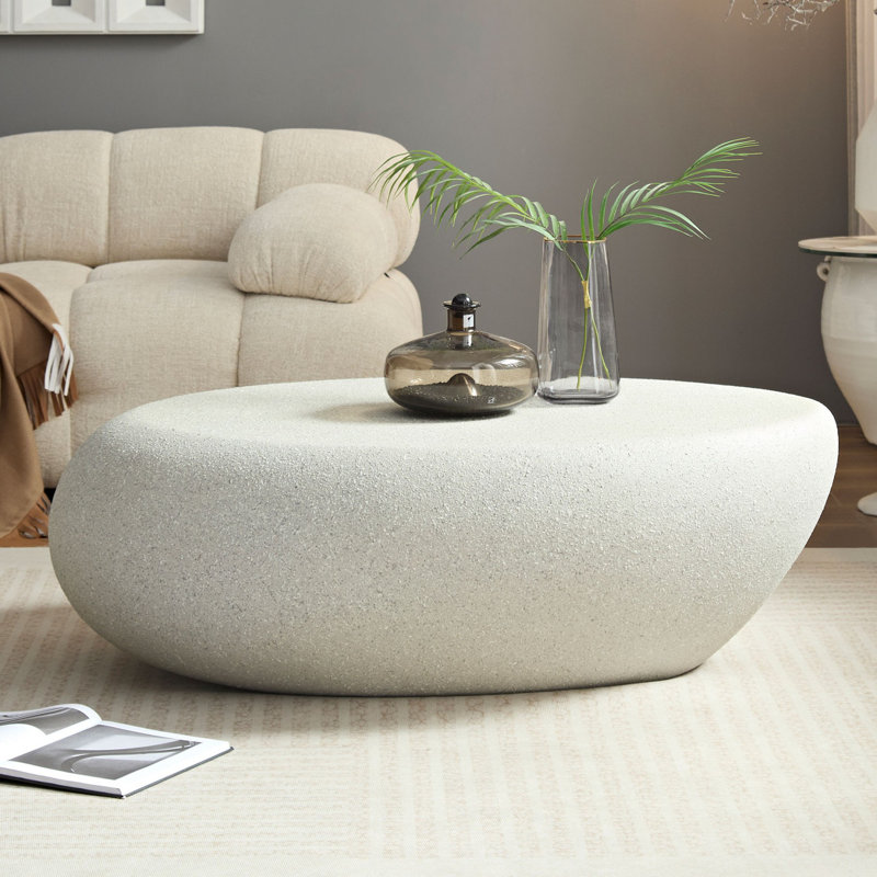 Irregular Coffee Table Faux Stone Table, Beige, 14.17" H x 43.3" L x 32.67" W
