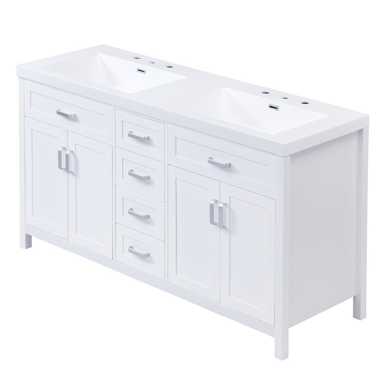 Meuble-lavabo double lavabo de 150 cm avec dessus de lavabo en résine, poignées en métal argenté, portes et tiroirs à fermeture amortie, 4 tiroirs centraux et 2 armoires à double porte.
