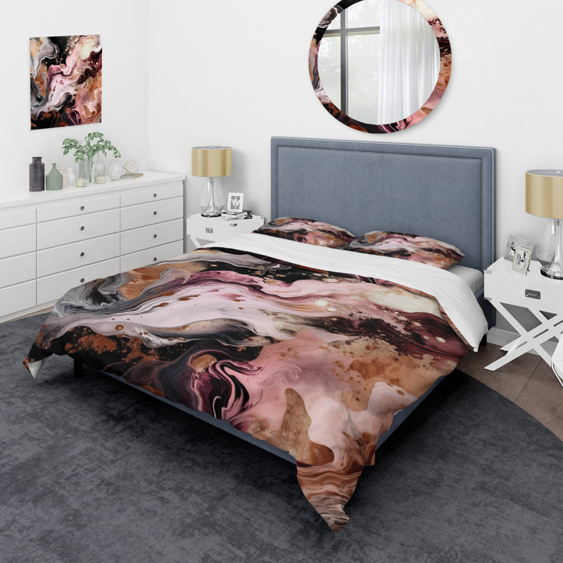 Ensemble de housse de couette en microfibre / polyester rose et noir, Housse de couette simple + 1 taie décorative stan