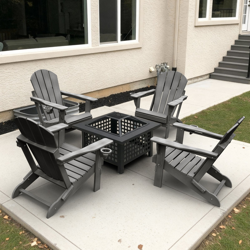 HDPE Outdoor Adirondack Foldable Chair Set Fire Pit Chair with Cup Holder, Gray