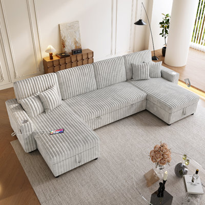 122" U-Shaped Sleeper Sofa with Pull-Out Bed & Double Storage Chaise, Corduroy Oversized Sectional Couch for Living Room, Light Gray