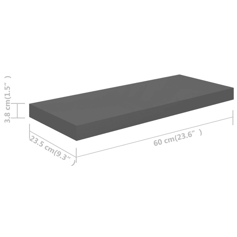 Artamas Floating Shelf, High Gloss Grey, 3.8cm H x 23.5cm W x 60cm D
