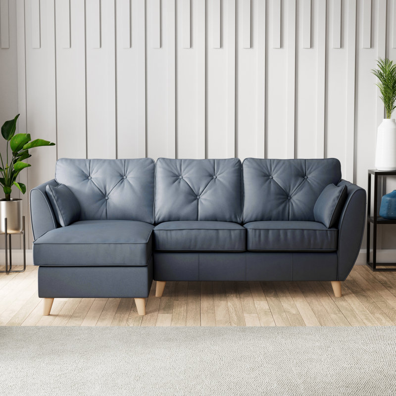 Hoxton 3 Seater Leather Maxi Sofa Chaise, Left Hand Facing, Navy, Light Wood