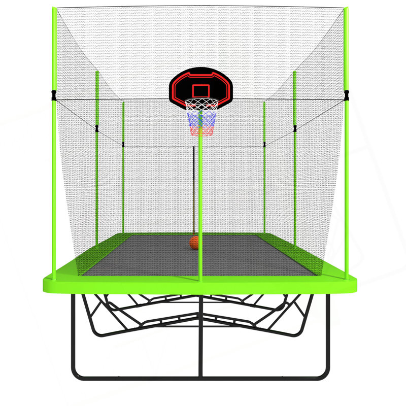 Trampoline rectangulaire 10 pi x 17 pi avec tissu vert, tubes en acier galvanisé thermolaqué noir avec système de panier de basketball
