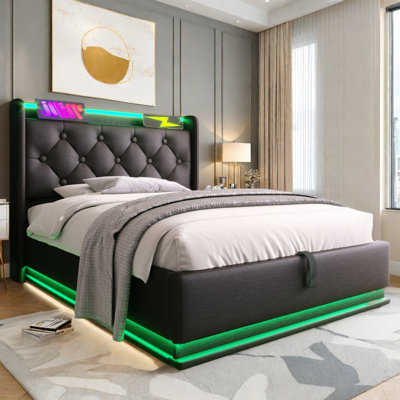 Upholstered Bed With Led, Hydraulic Storage Bed With Usb Type-C Charging