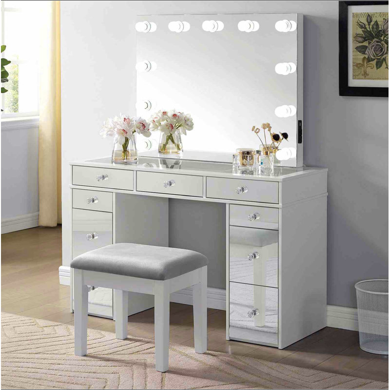 Contemporary Style 1Pc Vanity W/ Stool Set Glass Top Storage Drawers Central Mirror W/ Bulbs USB And Power Outlet