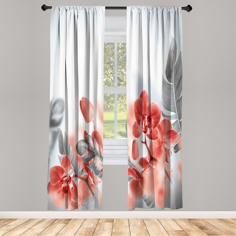 Microfiber Floral Semi-Sheer Rod Pocket Curtain Panels, 28" W x 95" L, Chili Red/Gray/White