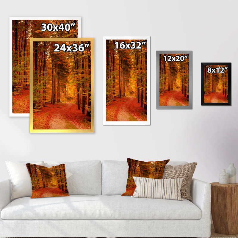 Chemin à travers la forêt d'automne rouge - reproduction d'art sur toile traditionnelle, Impression noire sur toile encadrée