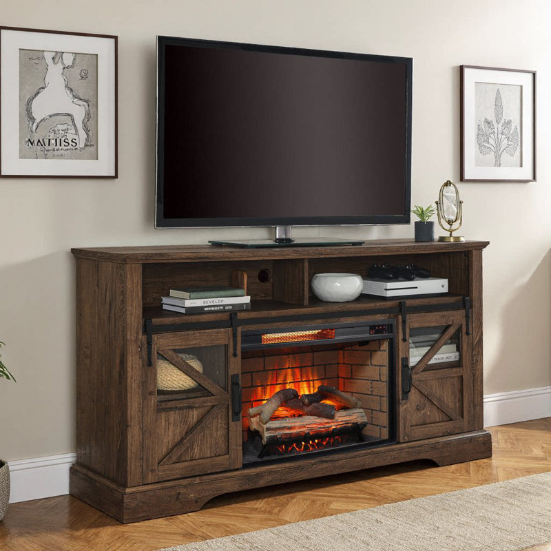 60" Electric Fireplace, Entertainment Center With Door Sensor, Reclaimed Barnwood