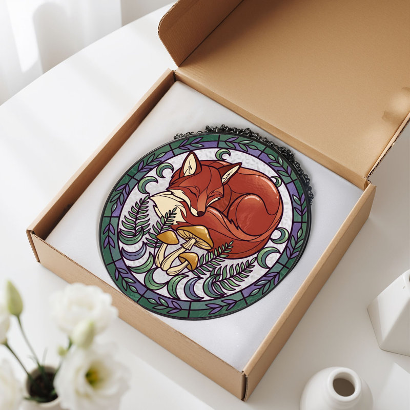 Sleeping Fox Stained Glass Window Panel，12"H, 12"H