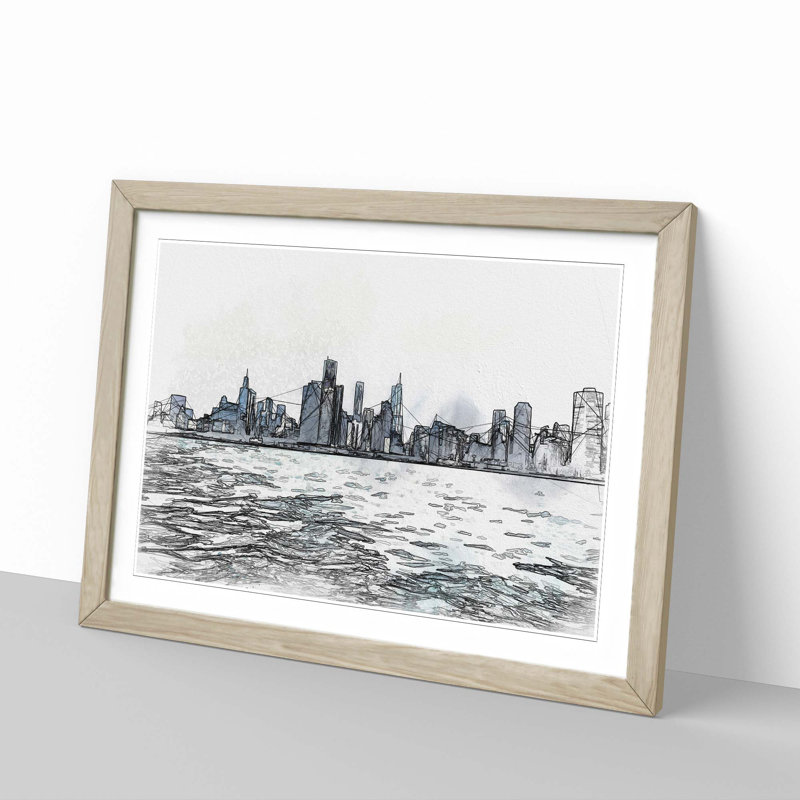 Cloudy Day in Chicago Illinois in Abstract - Picture Frame Graphic Art Print, 62cm H x 87cm W x 2cm D, Oak Framed