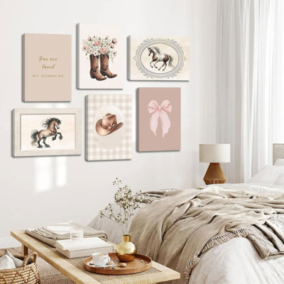 6Pcs Nursery Western Cowboy Canvas Wall Art Pink Floral Boots Wall Decor Watercolor Cowboy Hat Posters Prints Vintage Western Horse Painting Pictures For Girl Kids Room Dorm Decor Framed