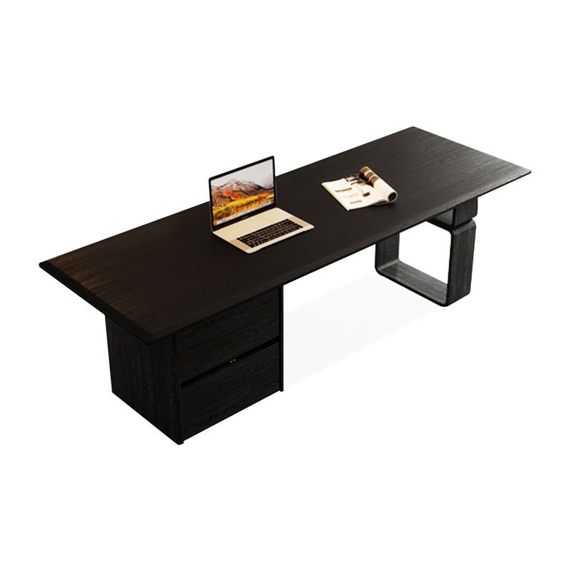 Bureau rectangulaire noir massif + bois manufacturé + acrylique avec 2 tiroirs, Left Hand Return