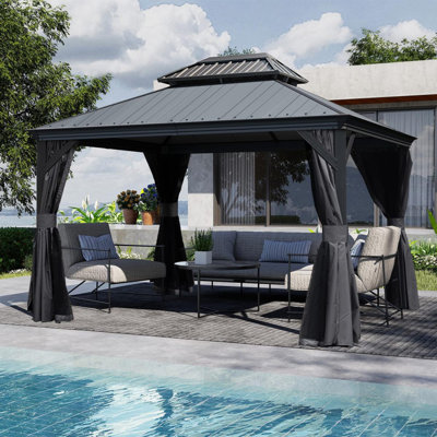 Pavillon de jardin à toit rigide de 10 pi x 12 pi avec toit en résine, pavillon de jardin extérieur en métal avec gouttières de drainage, pavillon permanent pour patio, cour et terrasse, rideaux et moustiquaire inclus