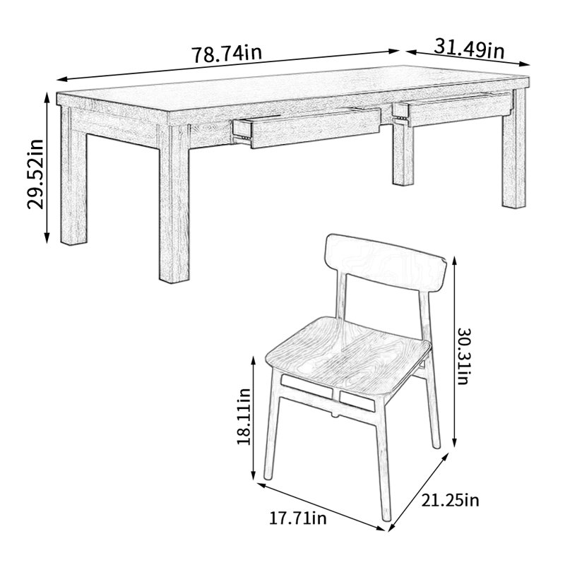 Ensemble de table de salle à manger en bois de frêne noir élégant, H 29,52 po x L 78,74 po x l 31,49 po