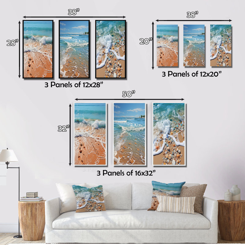 «Turquoise Beach Seashell», 3 pièces sur toile, Encadrement doré, H 40 po x l 60 po