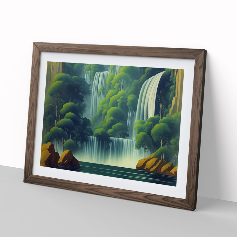 Placid Waterfall - Single Picture Frame Print, 34cm H x 46cm W x 2cm D, Walnut Framed