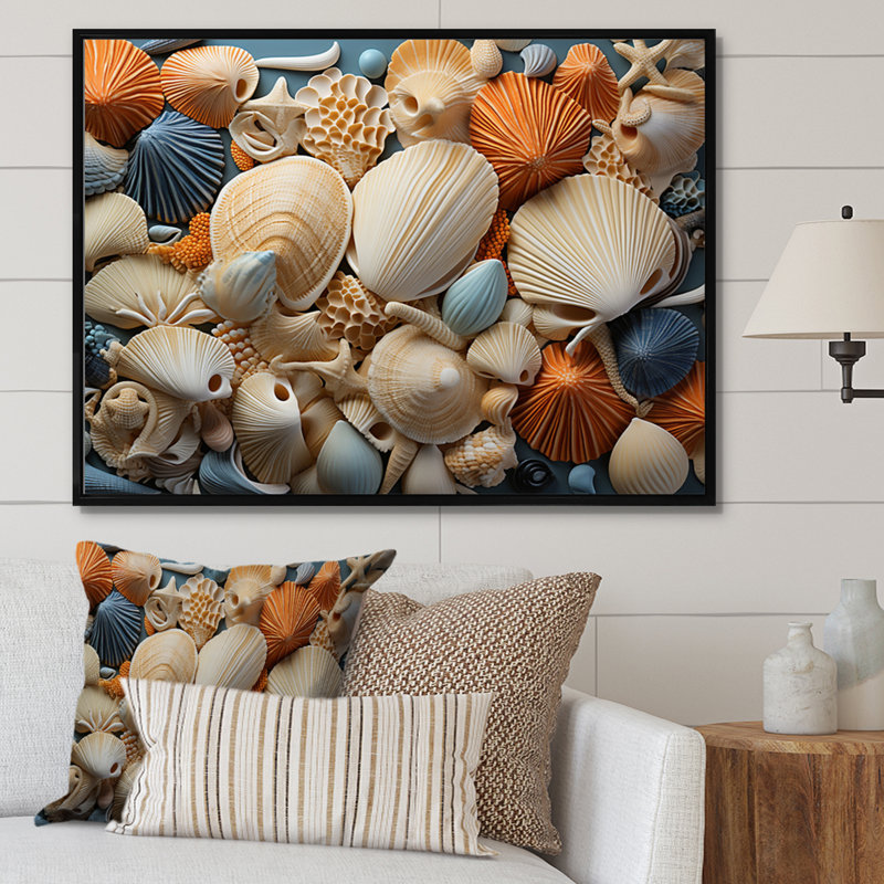 Décoration murale plage coquillage - animaux, Cadre flottant noir, H 12 po x l 20 po x P 1 po