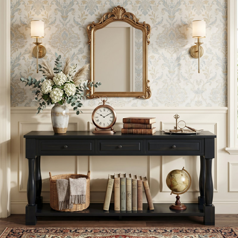 Console de 63 pouces avec tiroirs et tablette, pour hall d'entrée, couloir, salon, Espresso