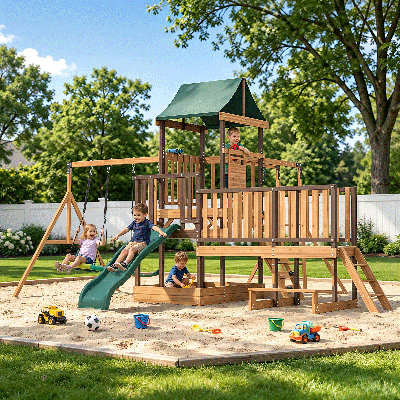 Backyard Swing Set with Slide, Wood Playground Sets, Rock Climbing Ladder, Monkey Bars & Sandbox, Versatile Large Playhouse for Kids