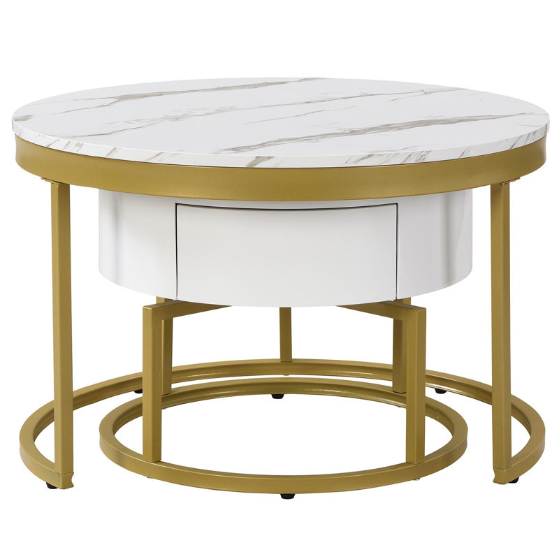 Rotating Round High Gloss Marble Pattern Round Side Table Set (Set Of 2)