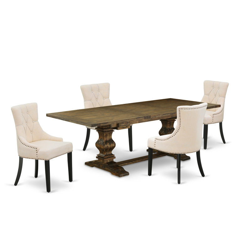L'ensemble de table de salle à manger 5 pièces pour 4 personnes comprend une table de cuisine rectangulaire avec rallonge amovible et 4 chaises Parsons en lin beige clair