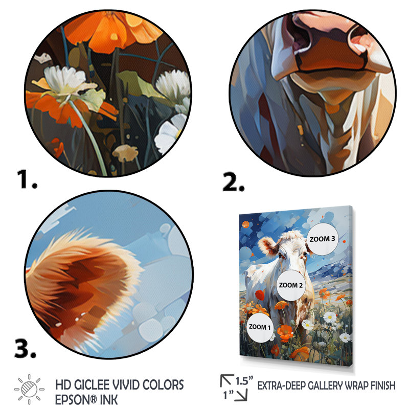 «Cow Cow Floral Grazing II», reproduction sur toile, Cadre photo argenté, H 44 po x l 34 po x P 1,5 po