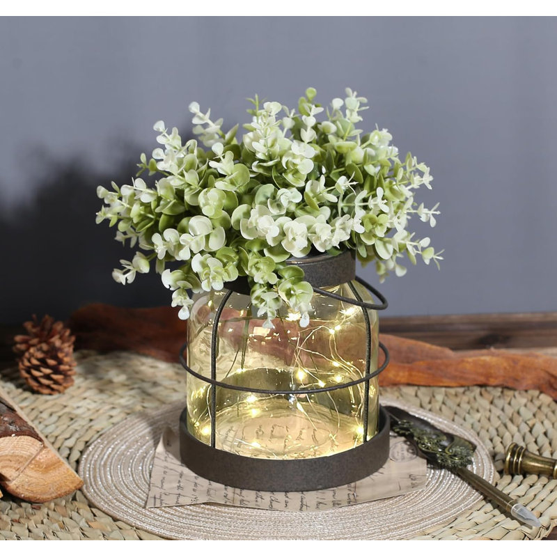 Vase de maison de campagne avec lumières DEL et fleurs artificielles - Pot de fleurs rustique fait à la main