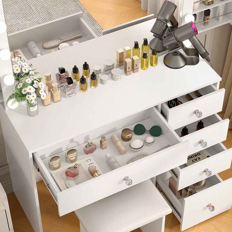 Greyden Makeup Vanity with Hidden Sliding Storage Shelves and Outlets, White
