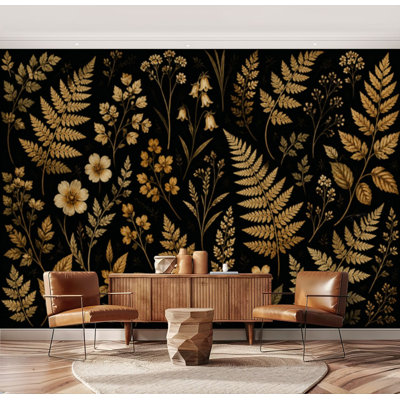 Papier peint adhésif décoratif à motif floral botanique doré, automnal, moderne, beige foncé et noir, élégant et naturel. Grand format, amovible et autocollant, idéal pour le salon, la chambre ou la chambre d'enfant (175 cm x 244 cm).