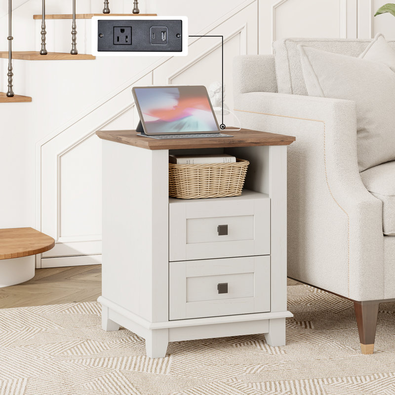 Hutchison Nightstand With Charging Station, Farmhouse Side Table With 2 Tiers Storage Drawer And 1 Open Wood Cubby For Bedroom, Office, Barnwood