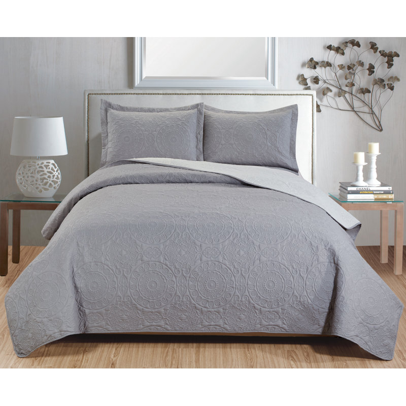 Ensemble de couvre-lit réversible 3 pièces Abbegail, Très grand, gris