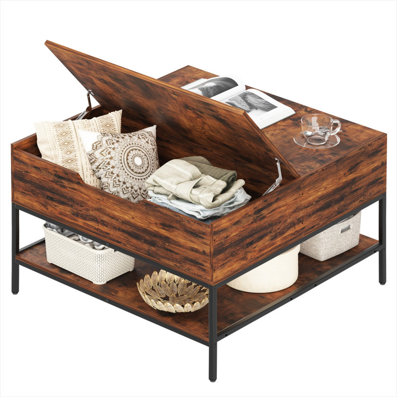 Table basse avec rangement relevable, carré 31,5 po, métal noir profond et panneau de fibres à densité moyenne noyer foncé
