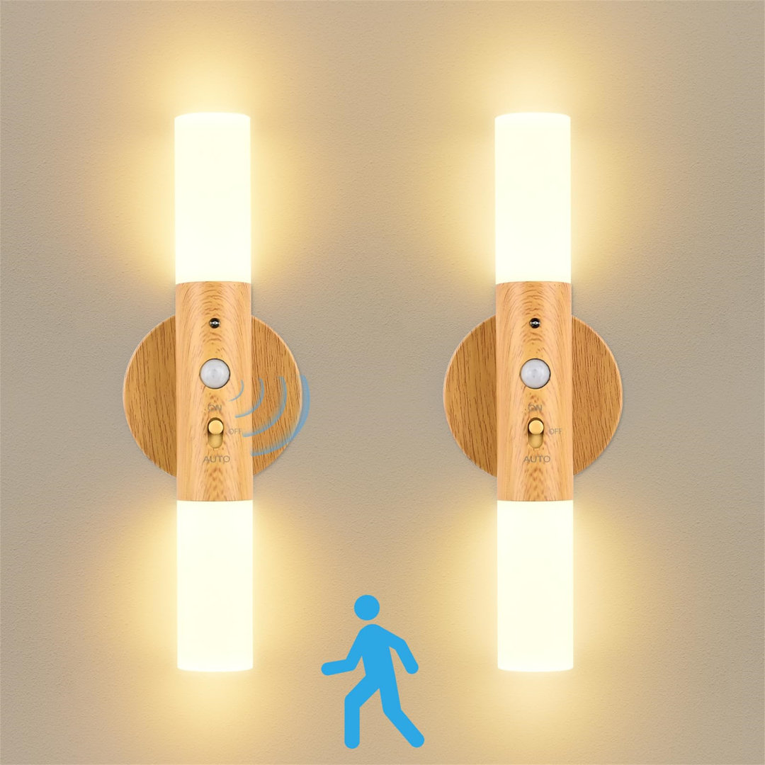 Wandleuchte Innen 2 Stück USB Wiederaufladbare Wandleuchte Holz Innen Mit Bewegungsmelder Induktion Akku LED Wandlampe K...