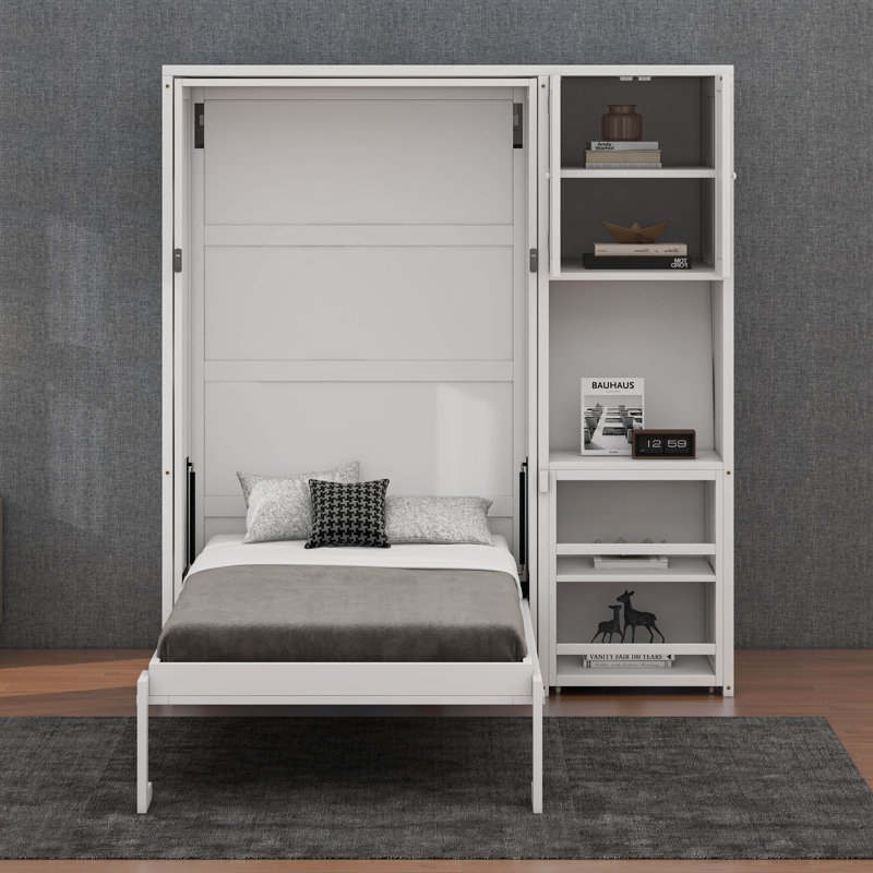 Lit escamotable avec bibliothèque, armoire à hauteur de plafond, bureau et compartiments latéraux dissimulés, Blanc