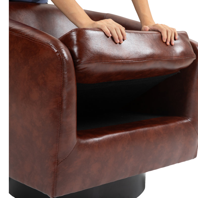 Applewold Upholstered Red Brown Faux Leather Swivel Barrel Chair with Solid Wood Base, Red Brown